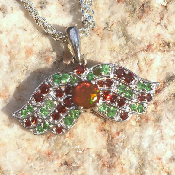 .925 Silver Opal, Tsavorite & Red Garnet Wings Pendant Angel Natural - Picture 11 of 16